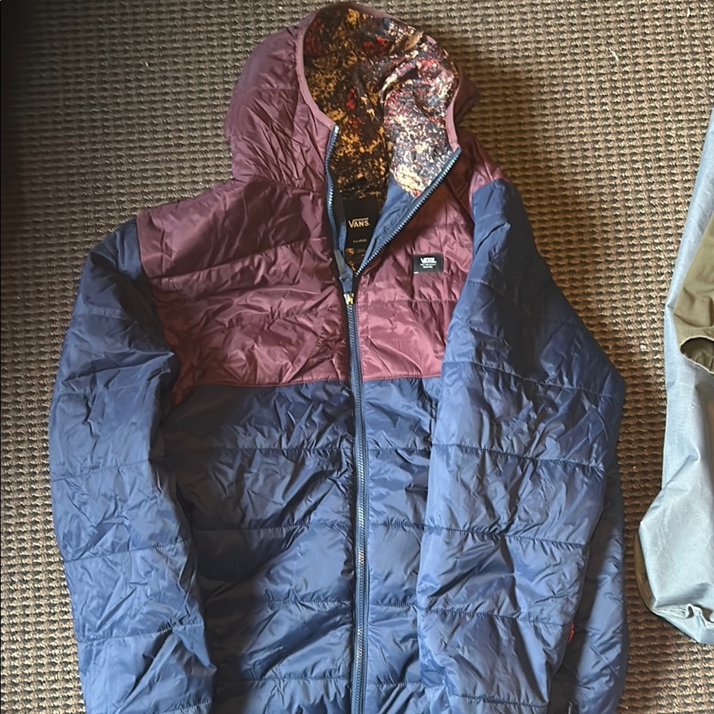 Vans Blue and Red Puffer Jacket with Hood and Quilted Design